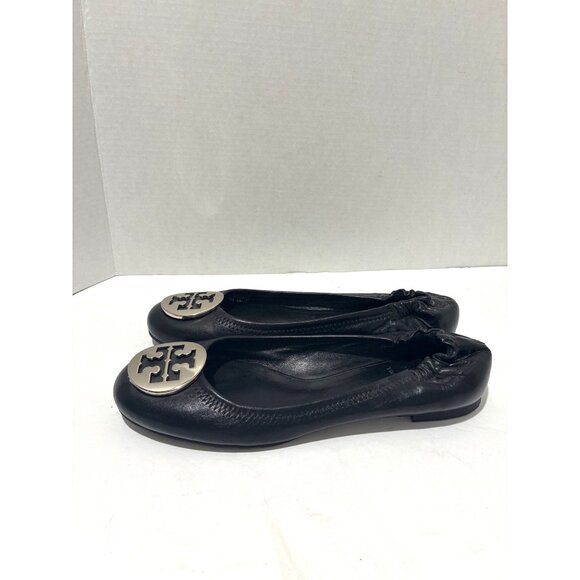 Tory Burch Womens Reva ballet flats silver-tone logo medallions size 7 Leather - Picture 1 of 8